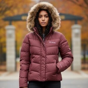 Columbia Women's Maroon Puffer Jacket with Faux Fur Hood